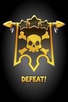 Defeat pop-up banner with black flag and skull. Vector illustration of a scary banner for the game.