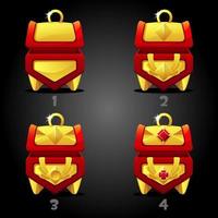 Golden red treasure chests rating for games. Vector set of isolated boxes with diamond.