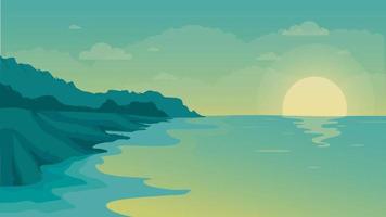 ilustración de diseño de vector de paisaje de playa de montaña verde