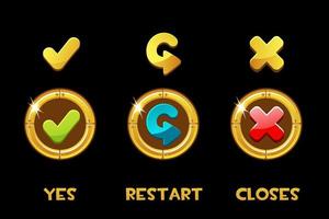 Collection of vector isolated golden buttons and icons yes, restart, closed. Set buttons for the user interface menu.