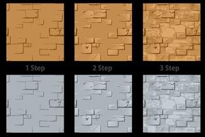 Vector set of textured stone walls step by step. Seamless pattern of brick cement wall in progress.