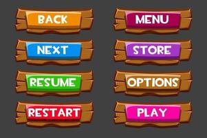 conjunto de botones de madera con inscripciones para el juego. botones de colores aislados vectoriales en tableros.