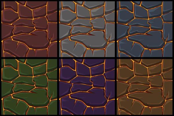 Set seamless lava or fire pattern with stones for graphic design. Vector illustration textural background with orange lava for wallpaper.