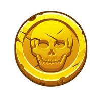 Pirate black mark or gold coin for the game. Vector illustration of a round coin with a human skull.