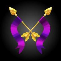 Two spears crossed with a violet flag for game. Gold vintage vector spears for fighting.
