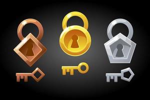 Vector set of gold, bronze and silver keys and locks. Collection of locks for the game.