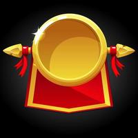 Gold round blank template and red flag. Vector banner graphic user interface for the game.