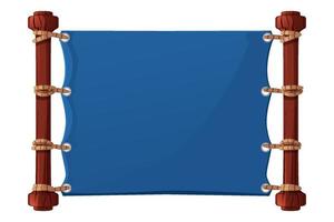 Blue banner for the game, fabric blank template. Vector illustration of textile blank poster with ropes for GUI.