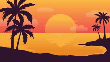 Sunset beach mountain coconut landscape vector illustration