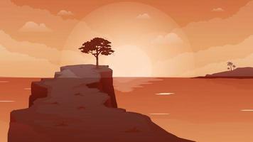 Red awesome beach cliff sunset landscape vector illustration