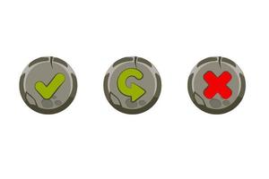 conjunto de botones redondos de piedra para el menú. Iconos de marca de verificación, cruz y reinicio para la interfaz. vector