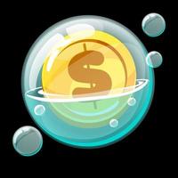 Gold coin icon in a big soap bubble. Cartoon bubble and money currency.