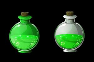 Set green magic potion or poison in bottles. Bright cartoon elixir in glass flasks. vector