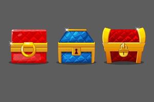 A set of isolated soft chests of different shapes. Colored gold vector chests with locks.