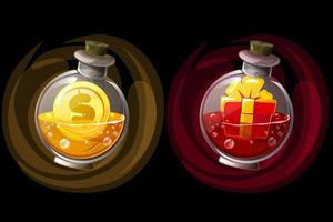 Set of isolated elixir bottles with gift and coin icons. Illustration of glass jars with potions for the game. vector