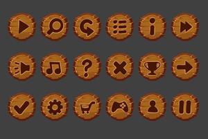 Set of old wooden buttons for the game menu. Isolated vector buttons and icons for interface.
