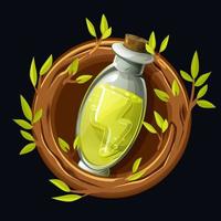 Magic potion with energy in a wreath of twigs. Vector illustration of a jar icon with an elixer in a wooden frame.