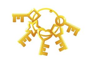 Vector set of golden keys in a bunch. Collection of keys of different shapes for the lock.