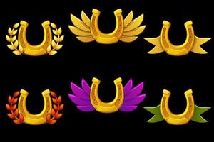 Set of vector gold horseshoe badges with wings. Horseshoe symbols icon collection illustration.