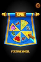 Vector Spin Wheel on a blue flag for game. Banner wheel of fortune and wooden arrow.