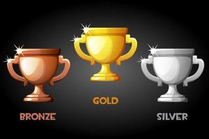 Vector set of gold, silver and bronze cups. Collection of isolated cups for the winner.