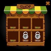 Wooden pop-up window banner shop for games. Vector illustration of shop, buy, lock icons.