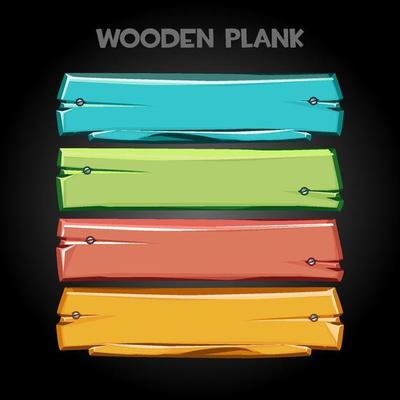 Colored wooden planks, empty boards for the game. Vector set of bright banner templates, multicolored blanks.