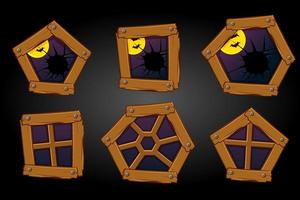 Cartoon wooden windows, and broken, Halloween scary view. Vector set of different old windows and moon with bats.