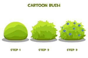 Vector drawing step by step of a flowering bush. Green cartoon cous in improvement or progress.