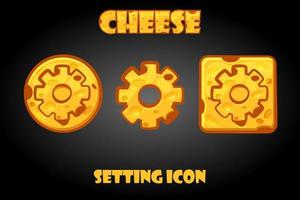 Vector set of cheesy settings buttons for game. Gear icons for menu interface.