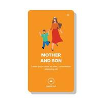 Mother And Son Late And Run To Kindergarten Vector