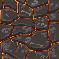 Seamless ground pattern with lava, bones and skulls with fire texture. vector