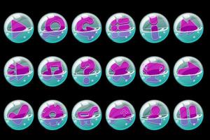 A collection of purple buttons in soap bubbles. Set of bubble icons for graphical interface. vector