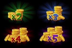 Vector illustration of bonus X2, X3, X4, X5 coins in the game. Increased bonus for the winner.