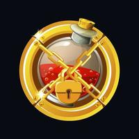 Vector illustration of potions icon with golden lock. Gold frame and chain on closed bottle with elixir.