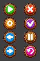 Set of vector wooden buttons for the game. Round isolated icons or signs.