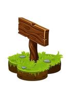 Vector wooden board pointer in isometric ground. Illustration of a land island with grass.