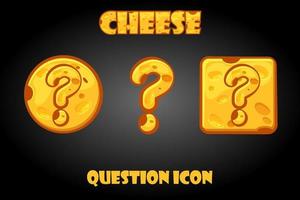 Vector set of cheese question mark buttons for game. Group of questions icons for menu interface.