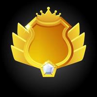 plantilla de escudo dorado vectorial para el logro del juego. recompensa con una corona para aumentar la calificación del ganador. vector