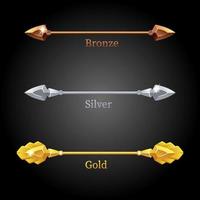Gold, silver, bronze spears for the flag. Vector isolated old spear different icons.