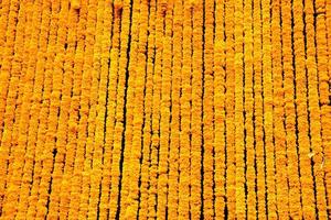 Marigold arrangement to flower steering and mobile to decorate event  festival for photo shooting or backdrop and background in Flower Market, Thailand.