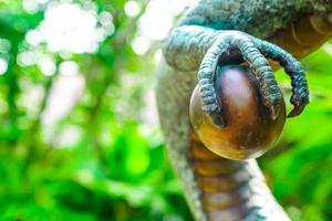 Vintage classic statue of Asian China Dragon sattle in the green garden. photo