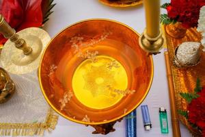 holy water in Thai gold pan photo