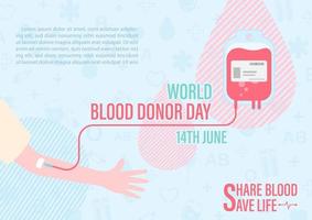 Hand of human sharing blood with wording of blood donor day and example texts on medical icon pattern and blue background. Poster campaign of World blood donor day in flat style and vector design.