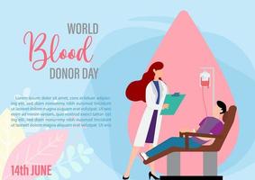 Young man and doctor in cartoon character receiving blood with wording of blood donor day and example texts on decoration plants and blue background. World blood donor day poster campaign in vector. vector