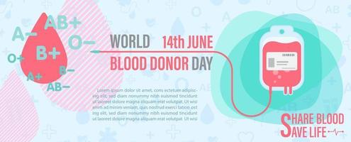 Poster campaign's of World blood donor day with slogan and example texts in flat style and banner vector design.