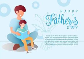 Father and his son reading a book together in cartoon character with Father day's wording and example texts on objects outline and blue background. vector