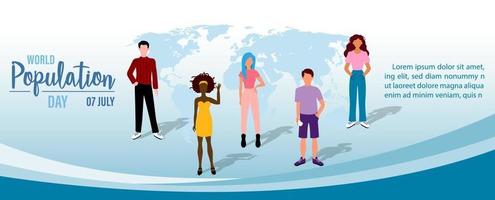 Group of people in cartoon character and flat style with the day and name of event, example texts on world map and blue gradient background. World Population day poster's campaign in vector design.