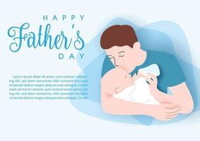 father kiss and feeding milk his baby in cartoon character with with Father day's wording and example texts on abstract shape and light blue background. vector