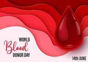 Blood droplet in glass style with wording of blood donor day on abstract layers shape and paper pattern background. Poster's campaign of world blood donor day in vector design.
